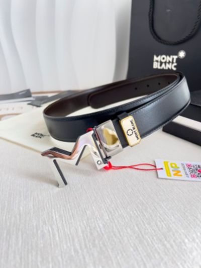 1:1  Montblanc Black Leather Belt with Silver Logo Buckle Hanging Buckle  3.5cm